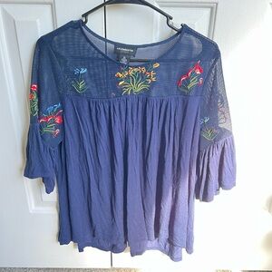 Liz Claiborne Blue Floral Embroidered Blouse